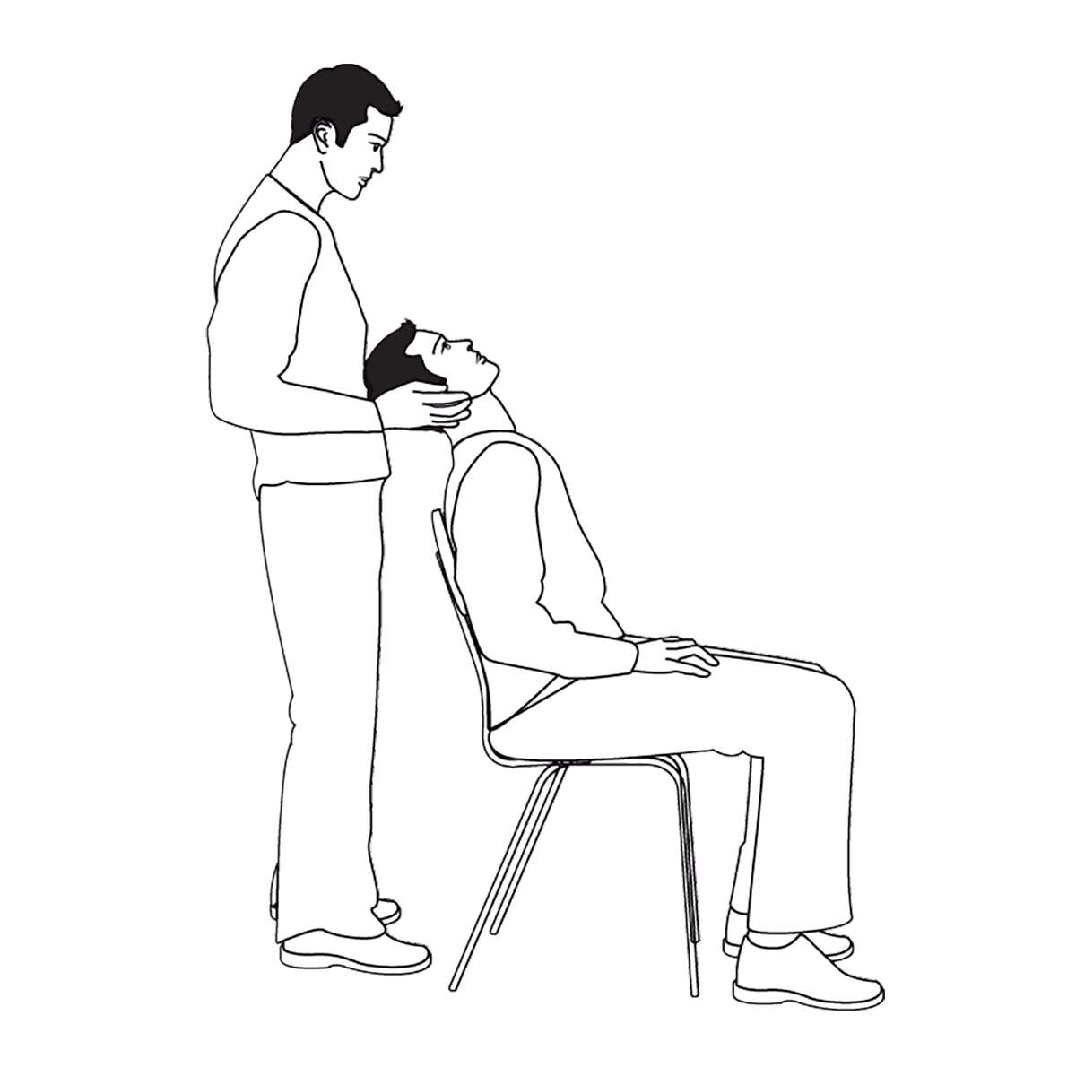 2. Laat de patiënt zitten en ga zelf achter de patiënt staan. Laat de patiënt het hoofd naar achteren buigen en naar boven kijken met beide ogen. Het hoofd van de patiënt kan tegen uw buik rusten.