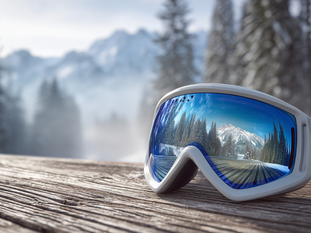 Decoratieve afbeelding - skibril in een winterse omgeving 