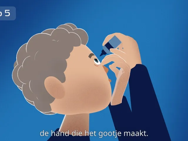 Moment uit de animatievideo waarin staat 'Zet uw hand met het flesje op de hand die het gootje maakt'.