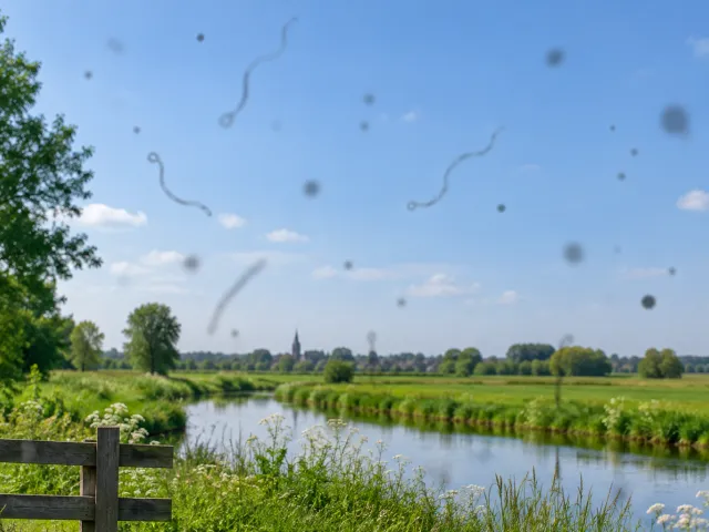 Op de afbeelding zijn de draadjes, spinnetjes en zwarte vlekjes nagebootst over een landschap.